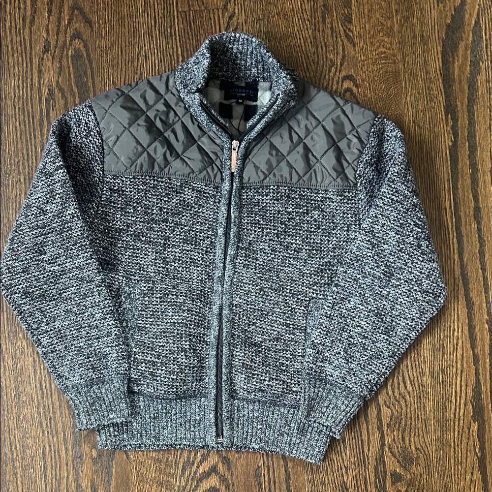 Boys Quilted Yoke Gray Knit Full-Zip Sweater Jacket size 10